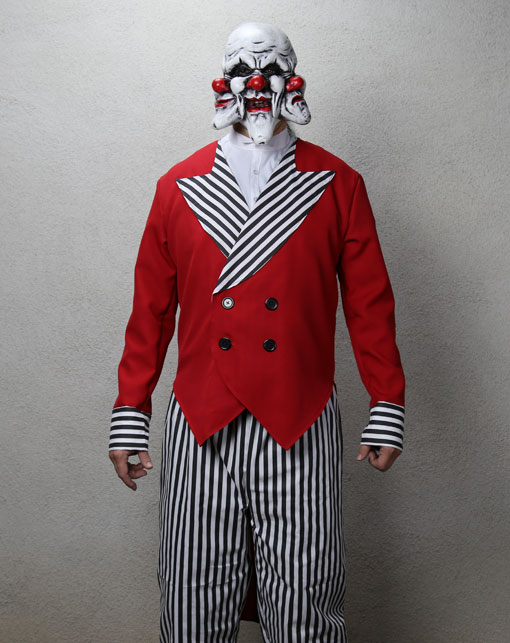 red and black and white stripes ringleader clown costume