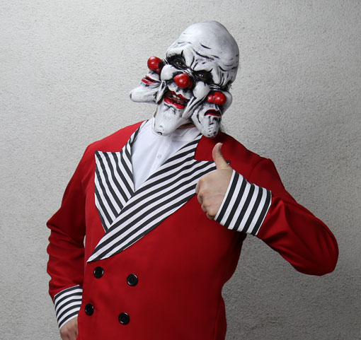 red and black and white stripes ringleader clown costume